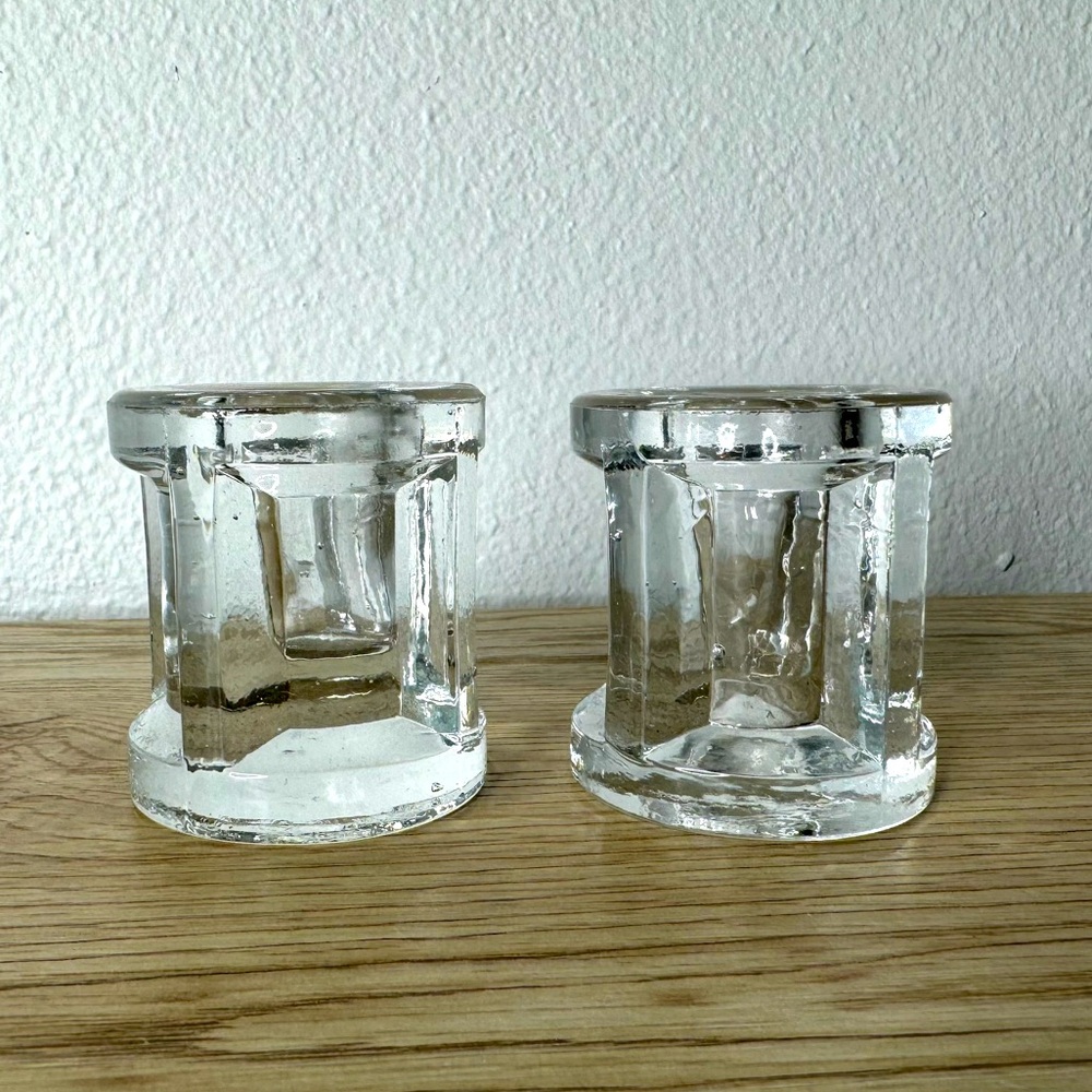 Clear Art Glass Taper Candle Holders Set of 2 Mid Century Modern Circular 1 Chip